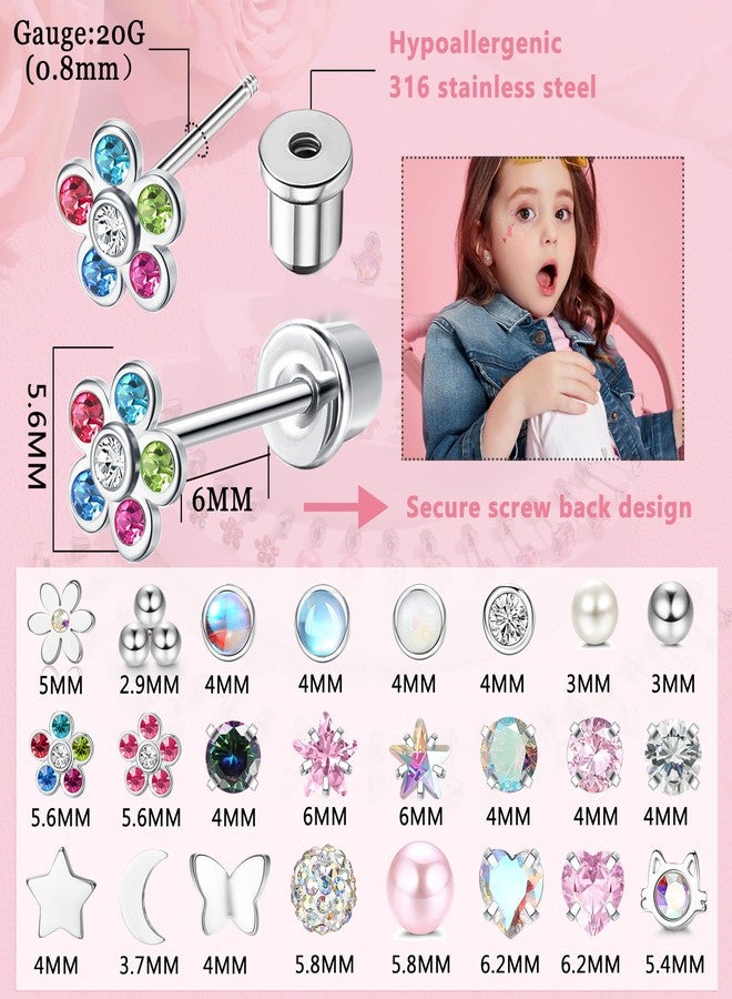 sailimue 24 Pairs Hypoallergenic Earrings For Girls Studs Surgical Stainless Steel Cute Screw Back Stud Earrings For Women Nickel Free Kids Toddler Baby Little Girl Jewelry - Image 4